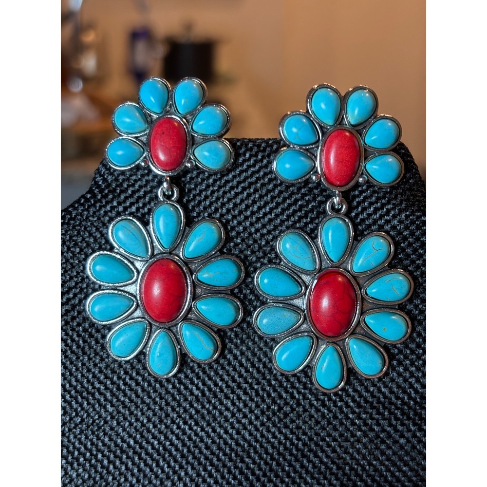 Western Turquoise Red Stone Flower Drop Earrings Silver Tone Boho Statement